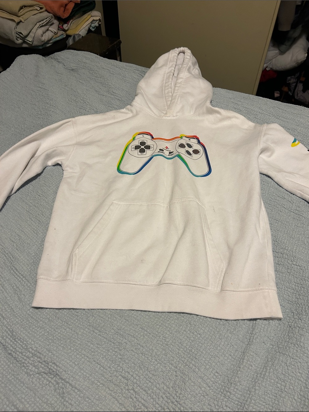 H&M White Hoodie with Rainbow-Outlined Gamepad Graphic
